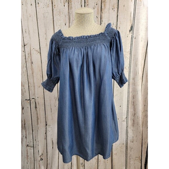 GC Women's Small Imperial Designer Denim Gusseted Off Shoulder Tunic Shirt Top - Picture 1 of 15